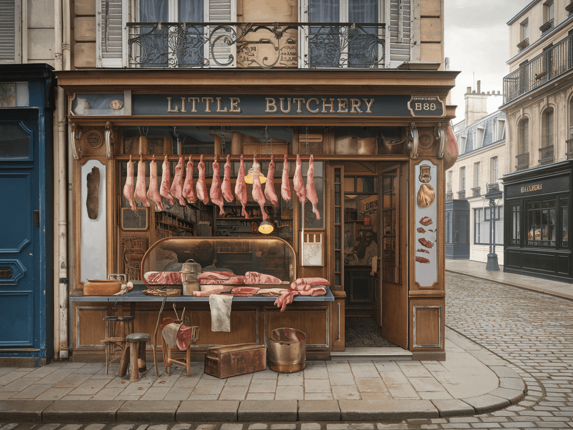 AI generated: Paris 1880, hyperrealistic illustration, a facade of a little butchery, front view, elevation, in co...