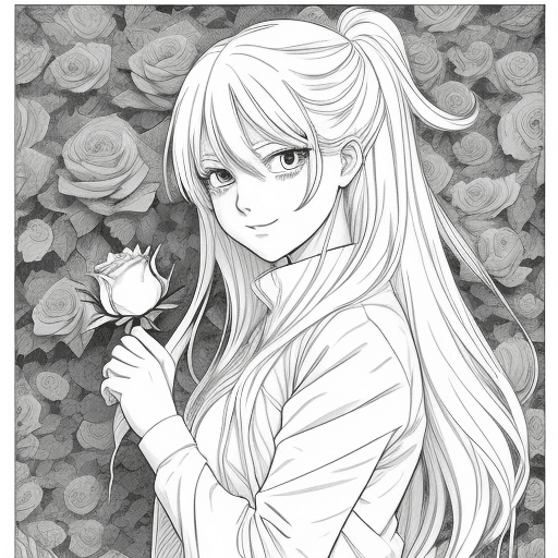 AI generated: Generate a coloring page of an manga girl with rose in hand