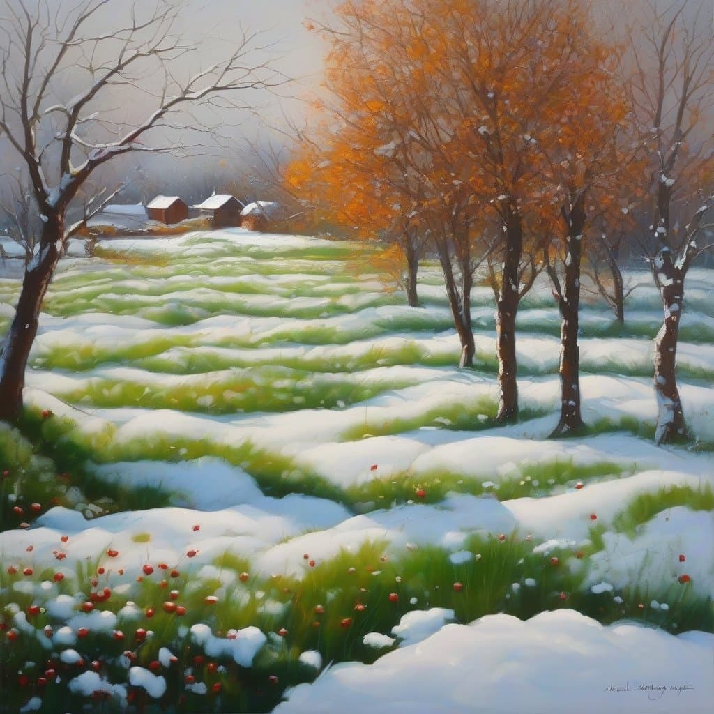 AI generated: Landscape: “This snow fell suddenly. Along green leaves, In a green meadow, And melted in the mornin...