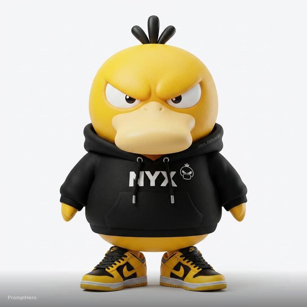 AI generated: A stylized, cool reimagining of this yellow duck character. 3D high-quality toy style, wearing a str...