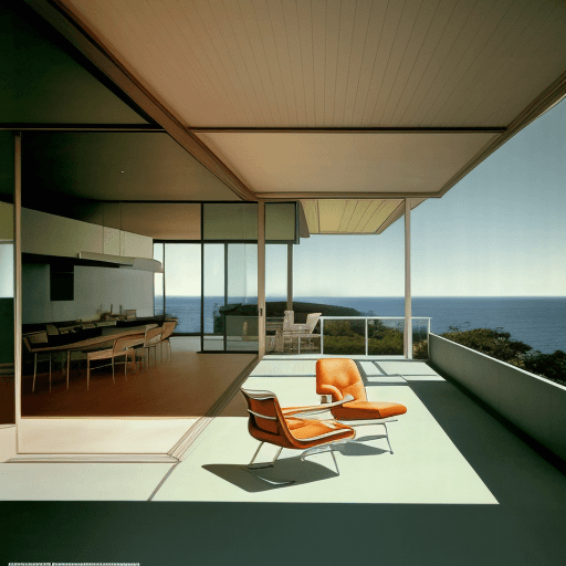 AI generated: Hyper realistic eye level exterior photo of a mid century modern style house overlooking the ocean, ...