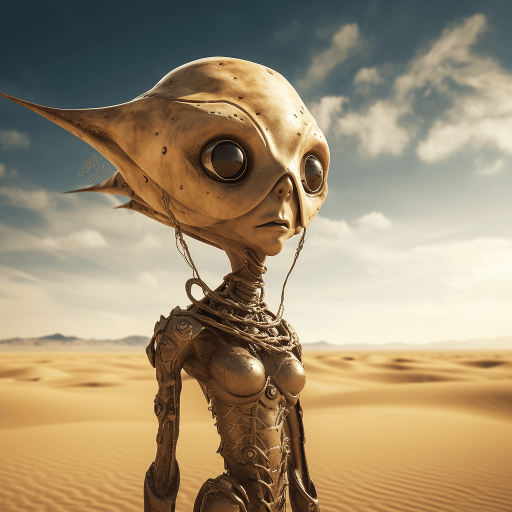 AI generated: alien creature in desert art hd, in the style of futuristic glamour, dark beige and gold, low depth ...