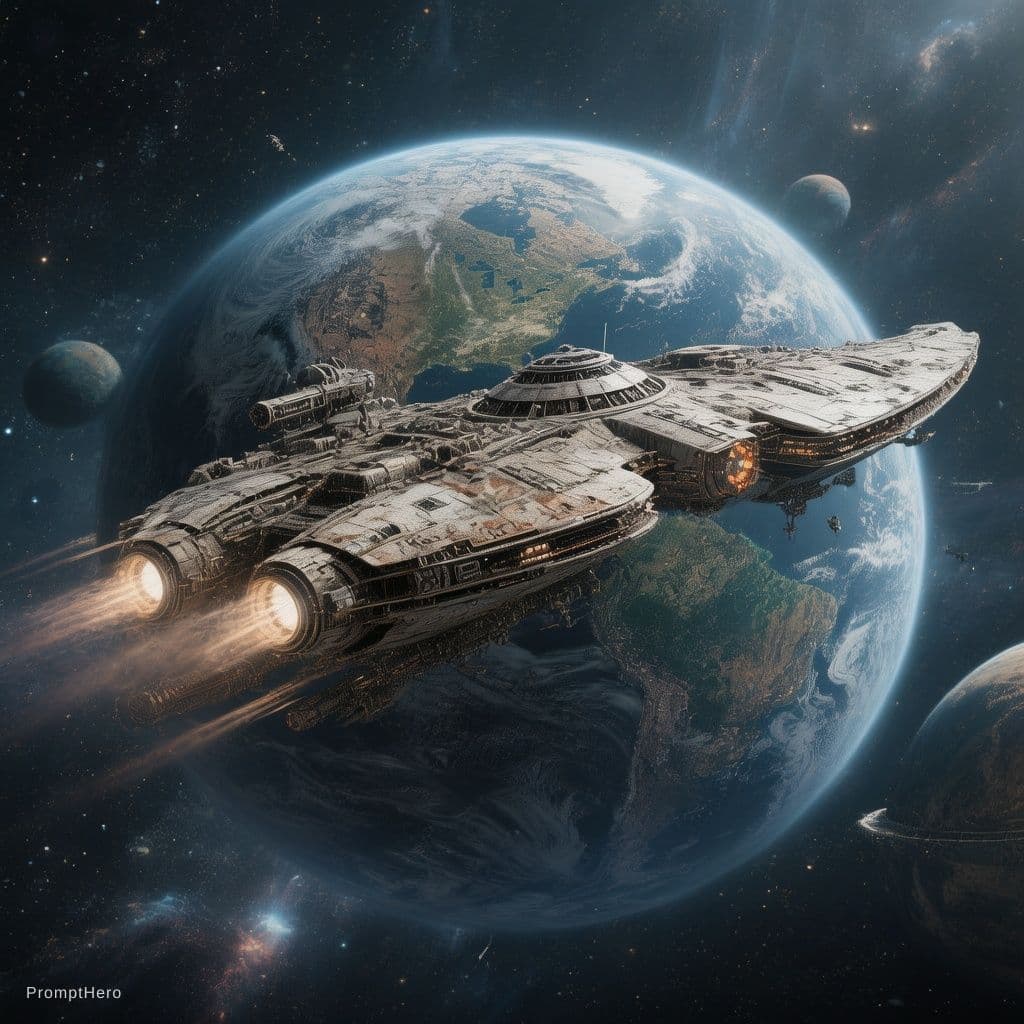 AI generated: A dynamic, detailed rebel spaceship with a unique, non-Star Wars design, flying from the left to the...