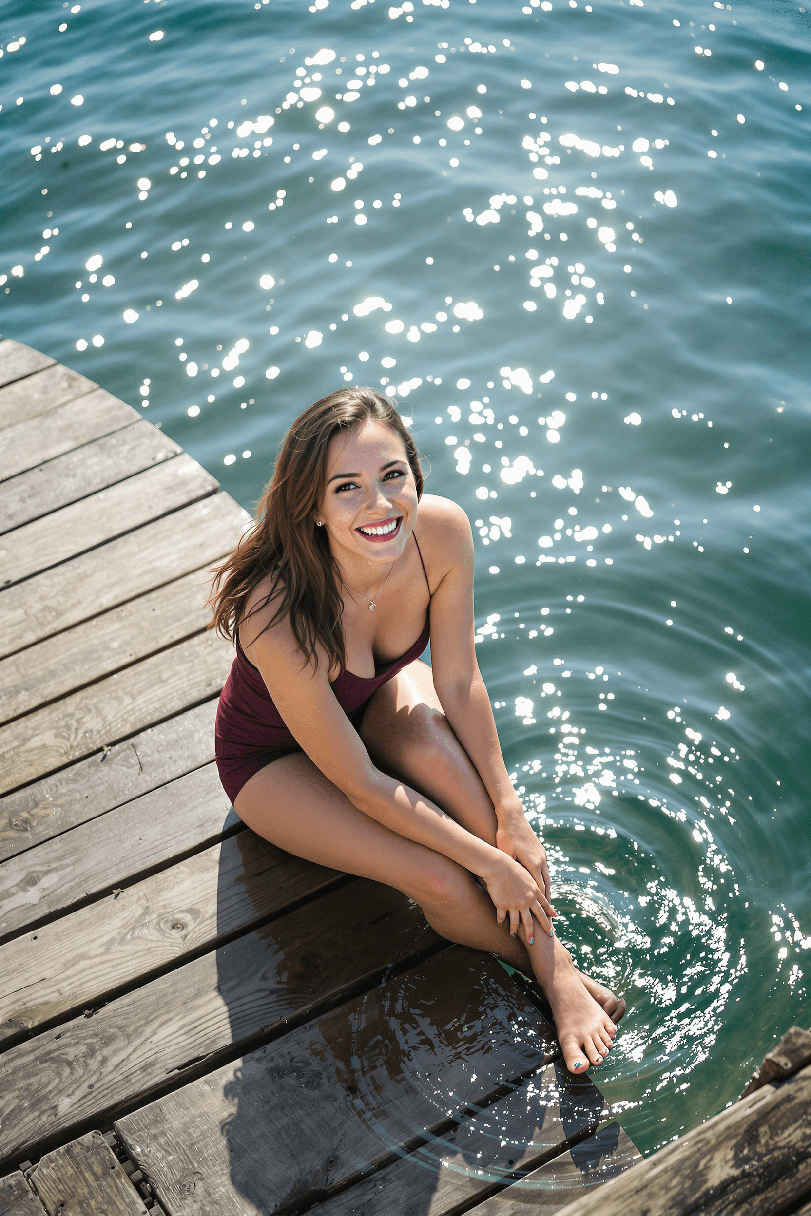 AI generated: A joyful woman sitting on a wooden dock by a sparkling lake, her feet dipping into the water. The ca...