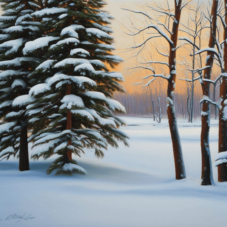 AI generated: an oil painting of some trees in the snow, shutterstock, american scene painting, spruce and birch ,...