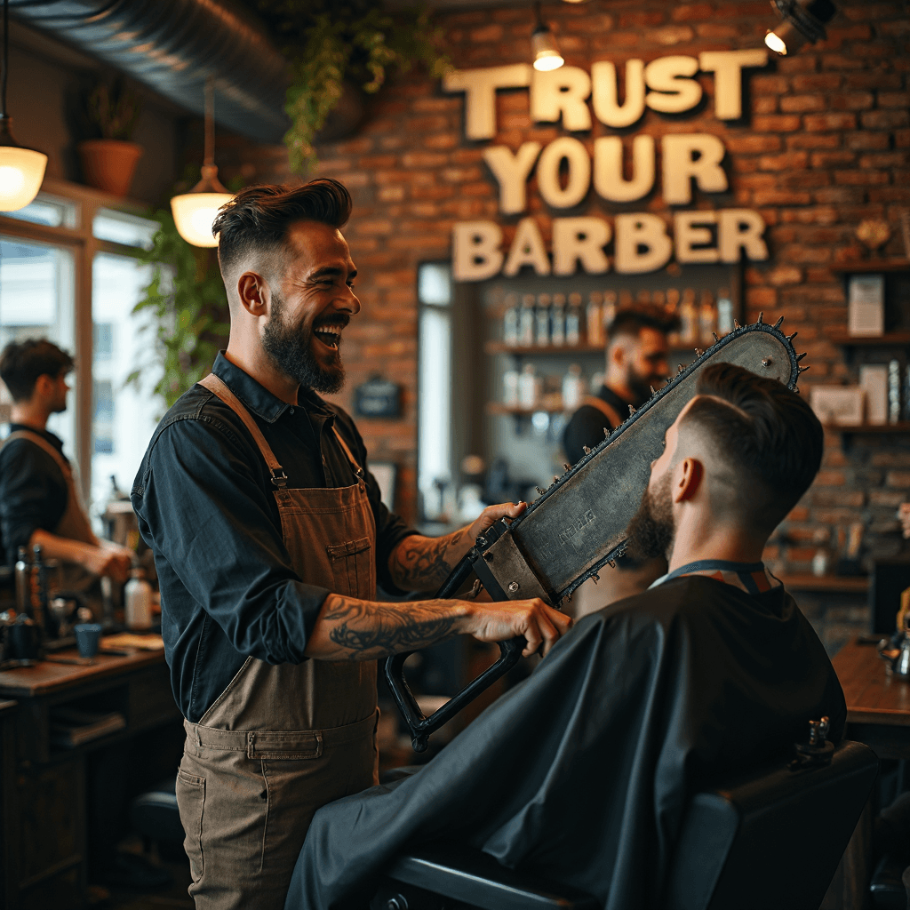 AI generated: advertising with a portrait of hipster barber with crazy laugh holding enormous giant and dangerous ...