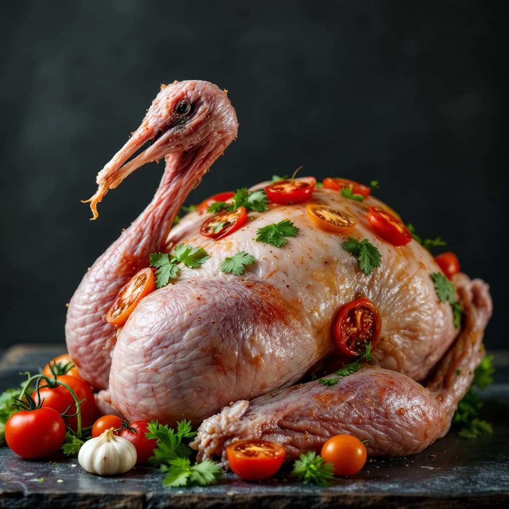 AI generated: photo close up, studio portrait, 
alive turkey featherless big fat  thin lines tattooed with tomatos...