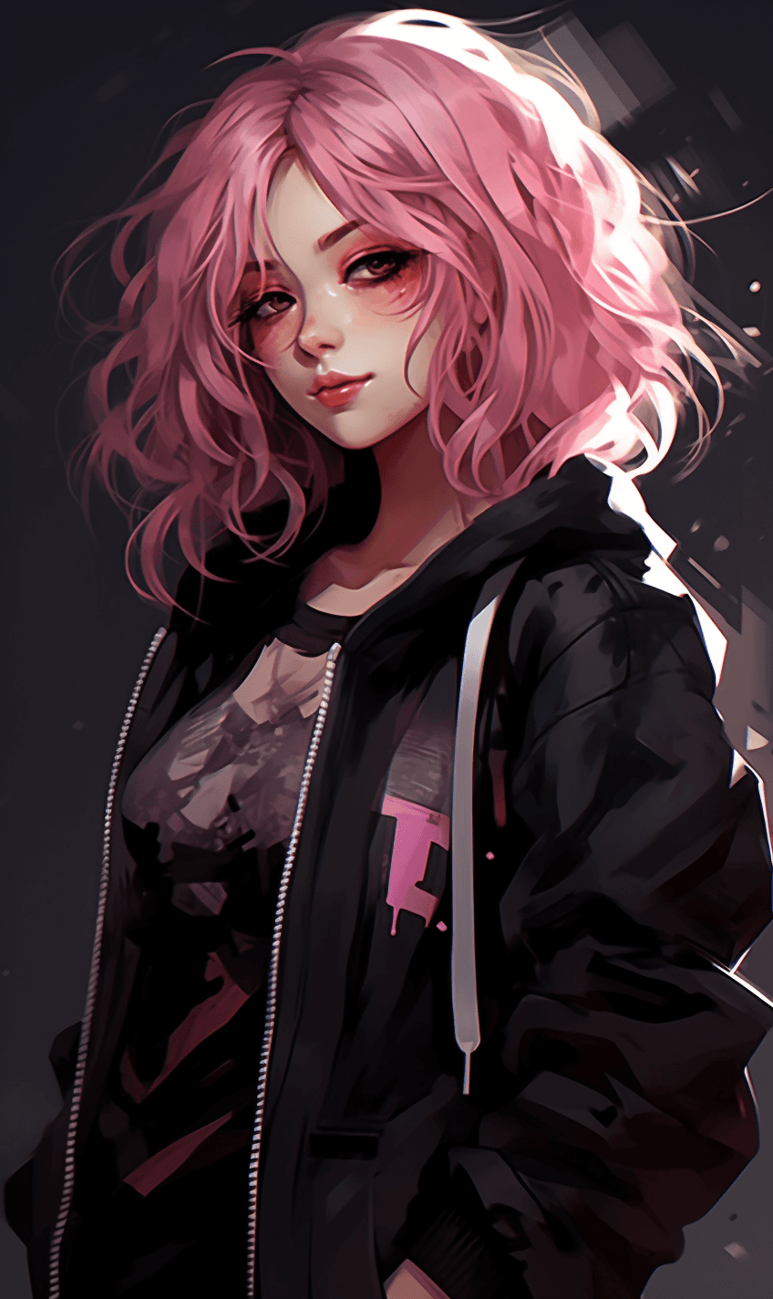 AI generated: A girl in black, pink hair with a smiley face with black, in the style of nightcore, dark purple and...
