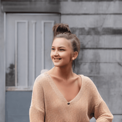 AI generated: NSFW, a beautiful young woman, a transparent tan sweater, standing in front of a building, hair pull...