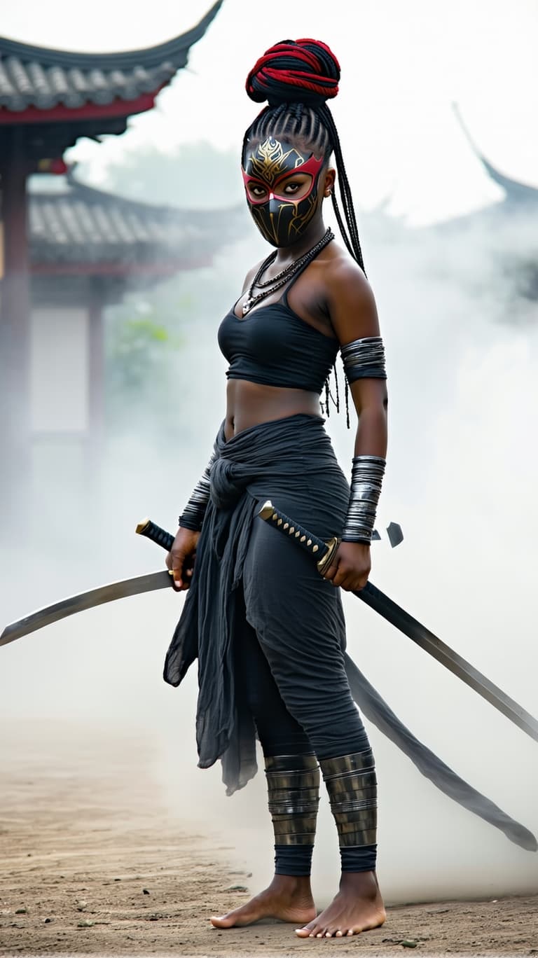 AI generated: Full body view of A fierce warrior woman with striking, intense eyes, wearing an elaborate black and...
