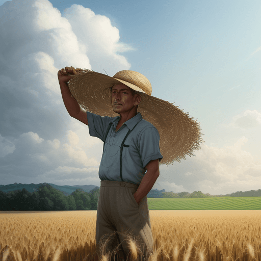 AI generated: Wheat field, a farmer uncle with a straw hat standing in a wheat field, big clouds, blue sky, rice f...