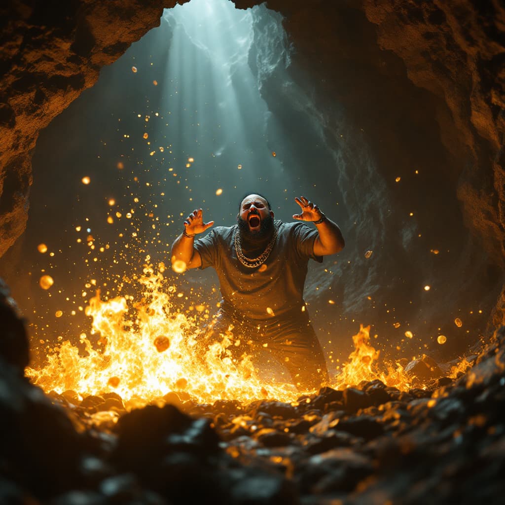 AI generated: DJ Khaled in a cave incredibly lost and screaming, 8k, HD, nanites, volumetric lighting, low quality