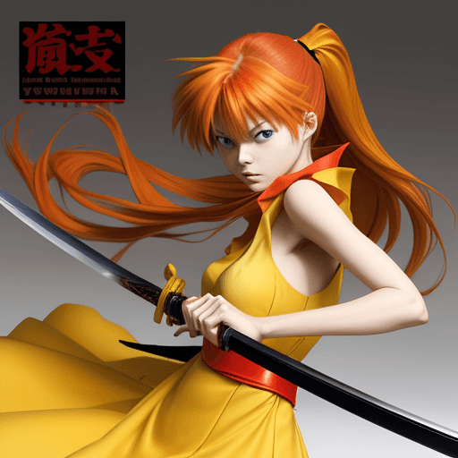 AI generated: Asuka Langley in a yellow dress holding a katana sword, anime style, New wave style
