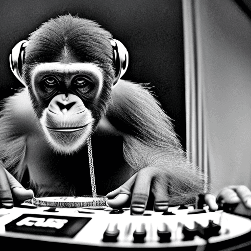 AI generated: A Man chimp wearing club clothes and a collar with a trailing chain, he is a dj, stand behind a DJ b...