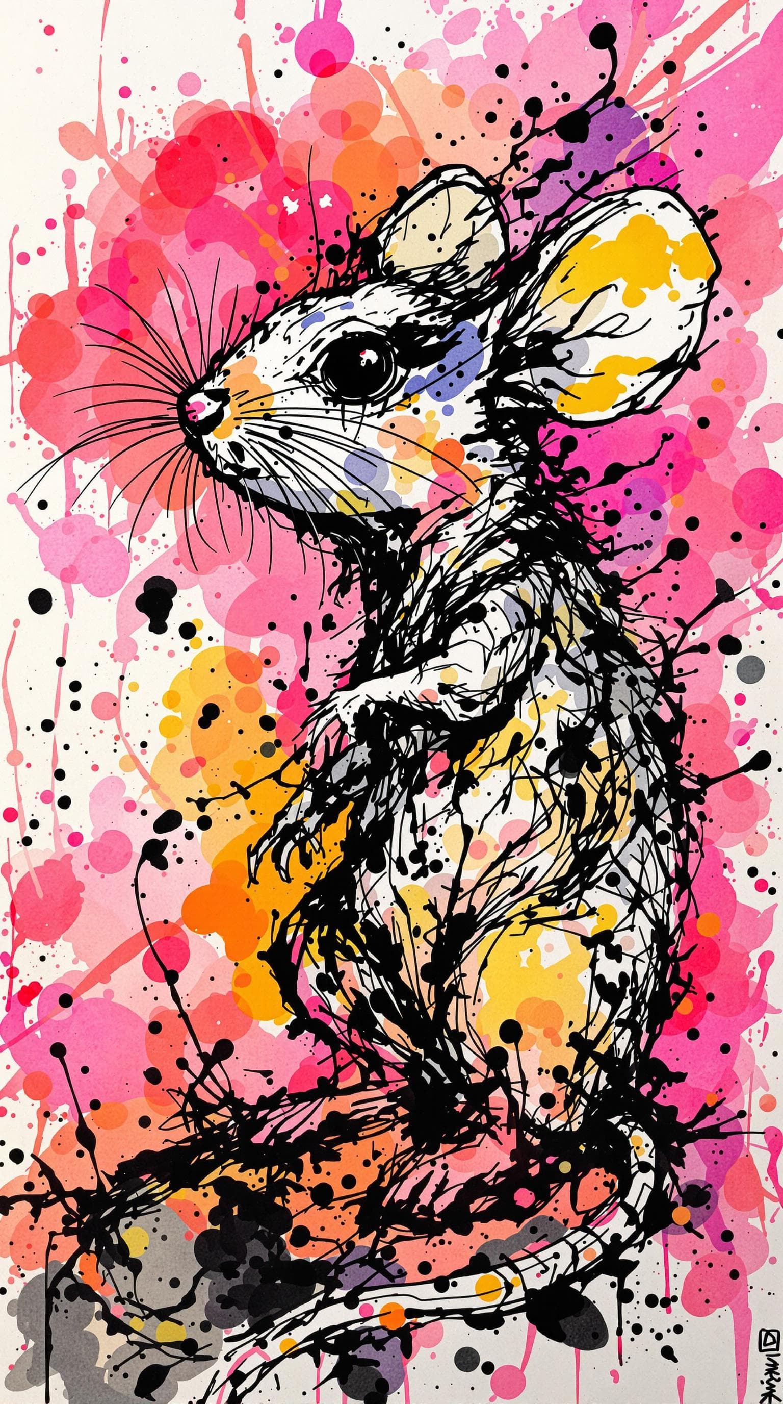 AI generated: Mouse, detailed,ink style,Ink splash art on the background,ink style,The whole is on the right，Ink w...