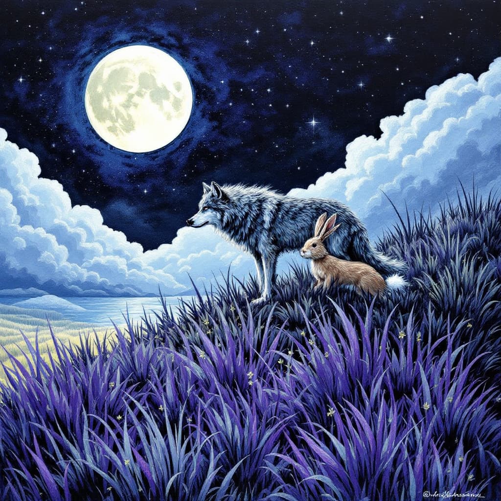 AI generated: In the left corner, a large moon is shining brightly, purple grass is growing, and a wolf is riding ...
