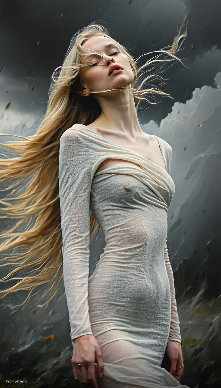 AI generated: A photorealistic portrait of a topless woman with long, flowing blonde hair, dramatically swept acro...