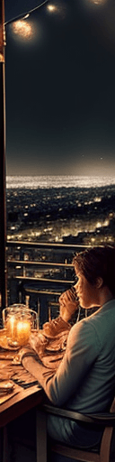 AI generated: On a moonlit terrace overlooking a breathtaking cityscape, a romantic couple, Elena and Alex, share ...