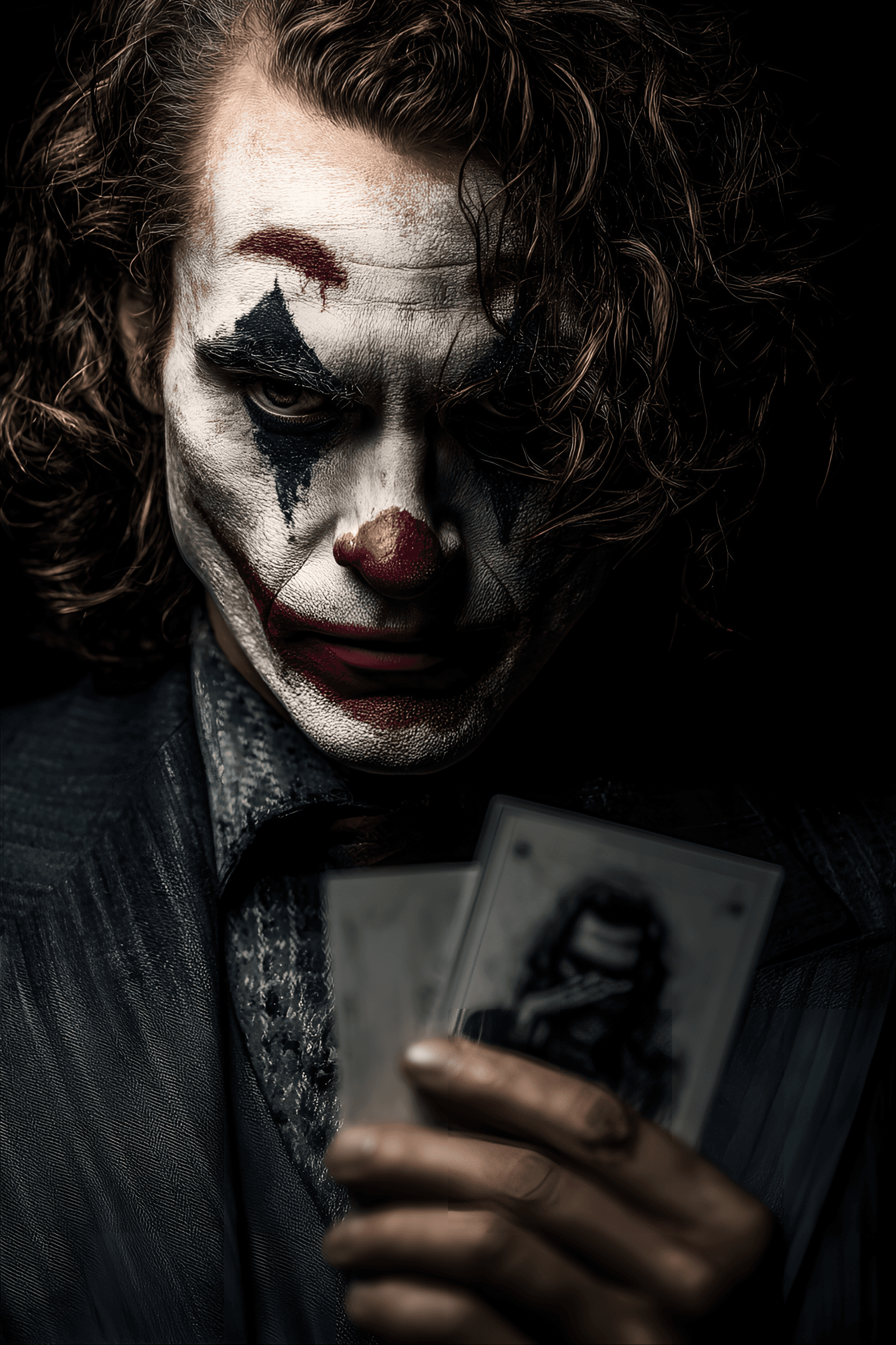 AI generated: Close-up portrait of the Joker, adult male, Caucasian,  with intense, villainous expression.  Dark, ...