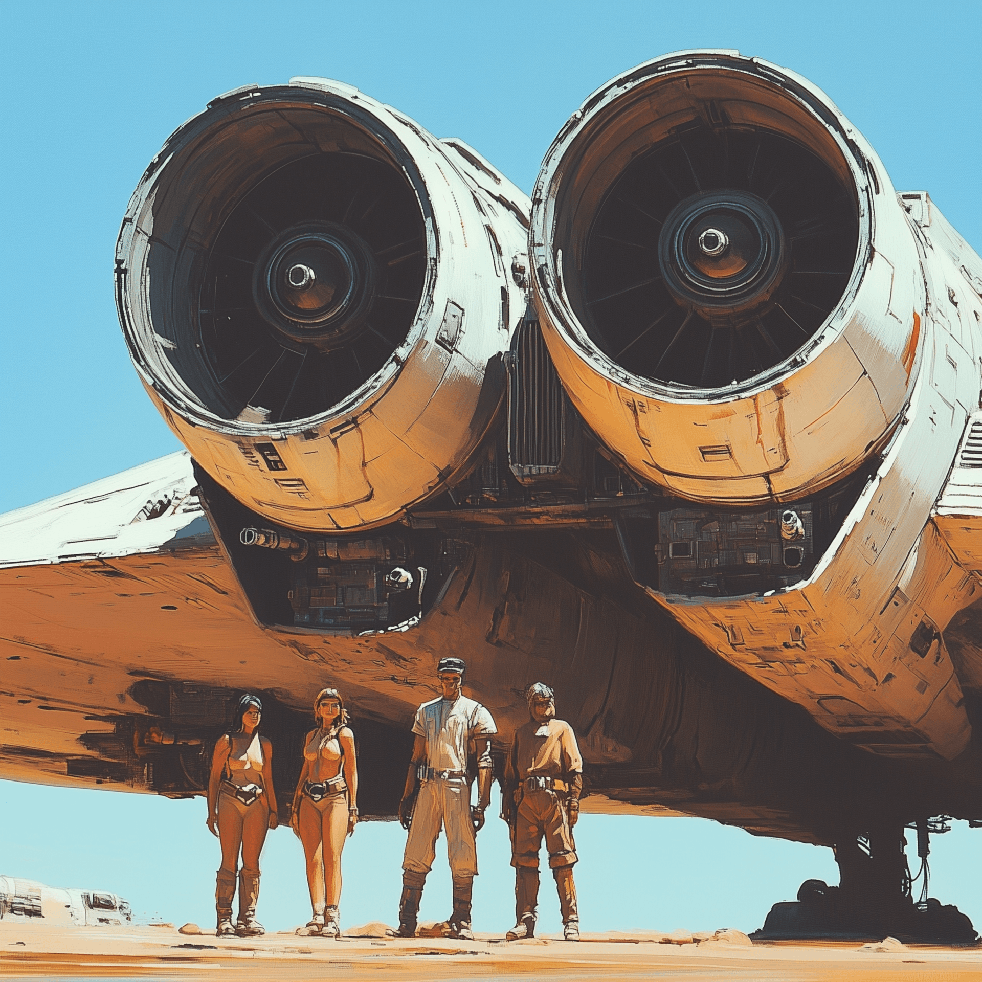 AI generated: Close-up of three people standing next to a large spaceship with two engines, parked on the ground i...