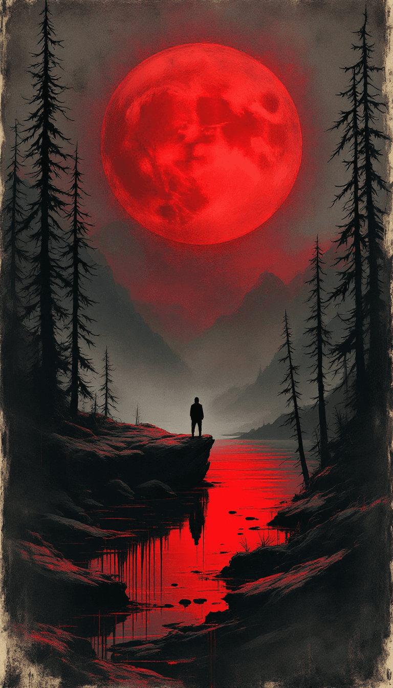 AI generated: A haunting, surreal artwork depicting a lone figure standing on jagged rocks, silhouetted against a ...