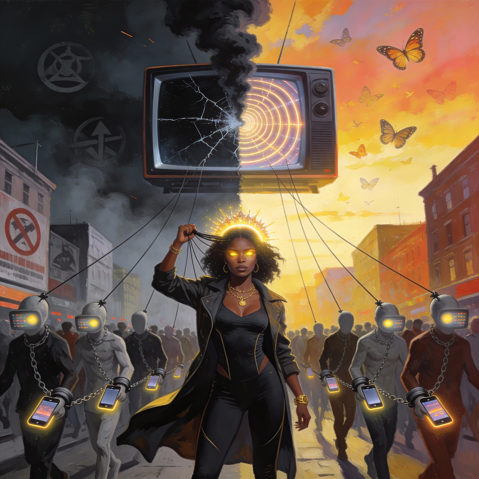 AI generated: A bold, high-detail surreal painting of a powerful Black woman standing in the center of a crowded c...