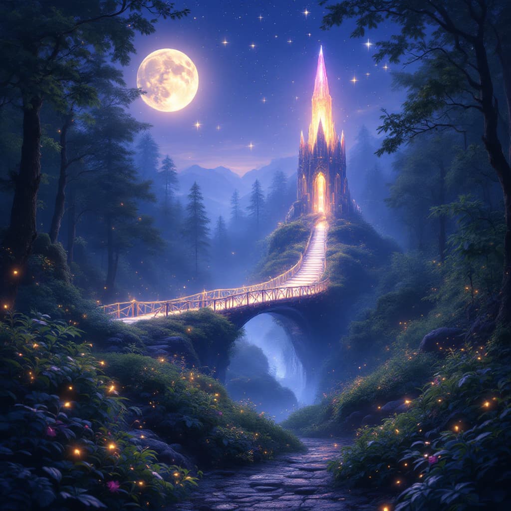 AI generated: a mystical and magical forest scene at night. The forest is bathed in soft moonlight, with glowing p...