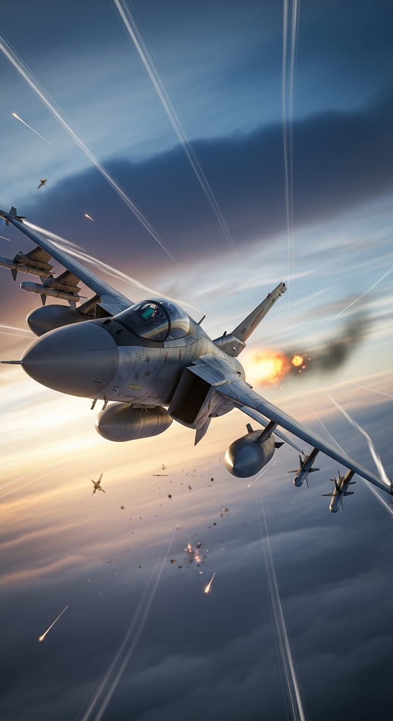 AI generated: wide angle shot - realistic image of a f1 fighter jet in combat engagement, blurry lines as he flyin...