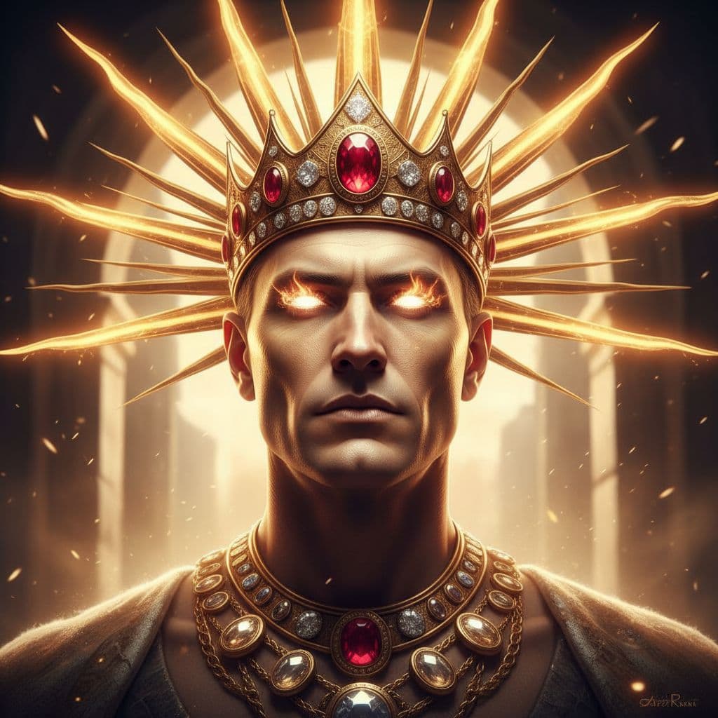 AI generated: Undefeated king with golden crown and necklaces, golden sunrays headdress, firey white eyes, silky s...