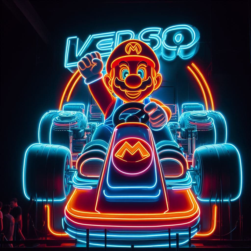 AI generated: "neon images of a neon lit sign with the text 'VERSO' and a neon lit GIANT Life Like MARIO KART abso...
