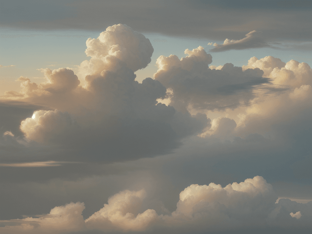 AI generated: the image is a sweeping landscape of clouds and sky, with a large window behind her that allows the ...