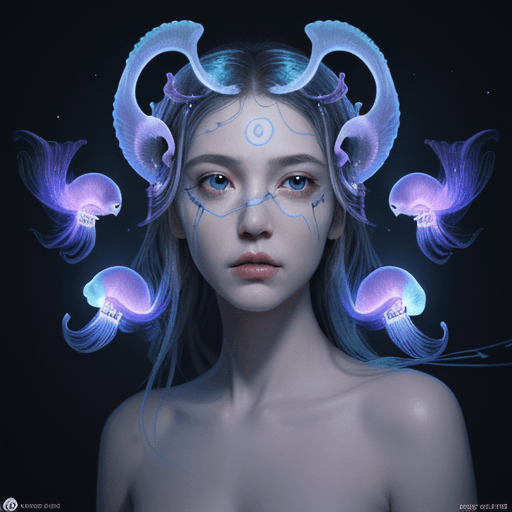AI generated: Goddess close-up portrait ribcagel. jellyfish phoenix head, nautilus, orchid, skull, betta fish, bio...