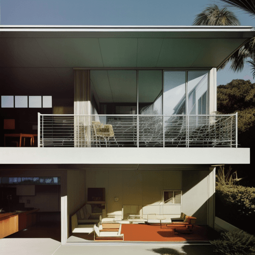 AI generated: Hyper realistic eye level exterior photo of a mid century modern style house overlooking the ocean, ...