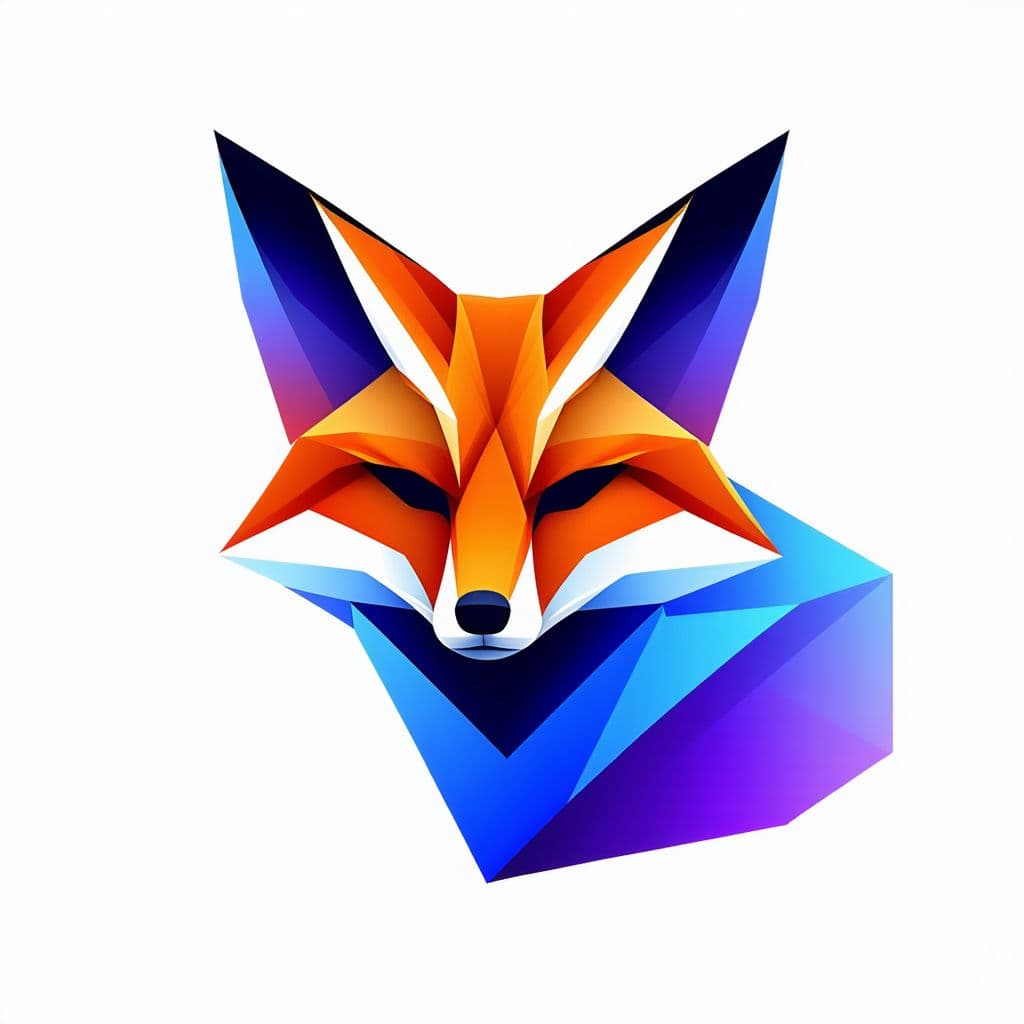 AI generated: Minimalist geometric fox logo, abstract and modern design, sleek angular shapes, soft blue and purpl...