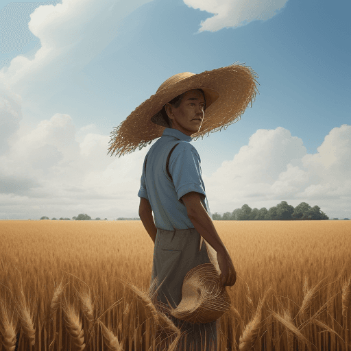 AI generated: Wheat field, a farmer uncle with a straw hat standing in a wheat field, big clouds, blue sky, rice f...