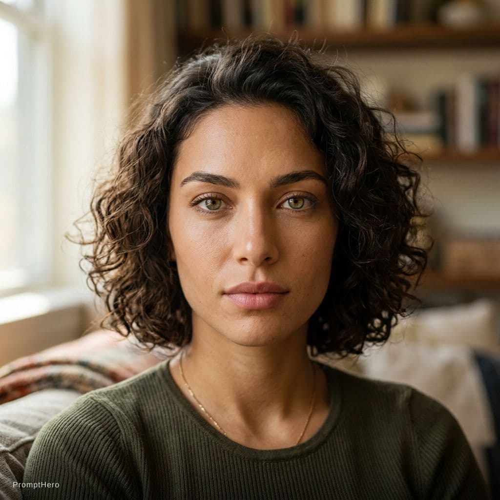 AI generated: Ultra-realistic portrait of a woman with striking hazel-green eyes, intense and symmetrical gaze. We...