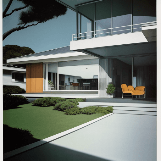 AI generated: Hyper realistic eye level exterior photo of a mid century modern style house overlooking the ocean, ...