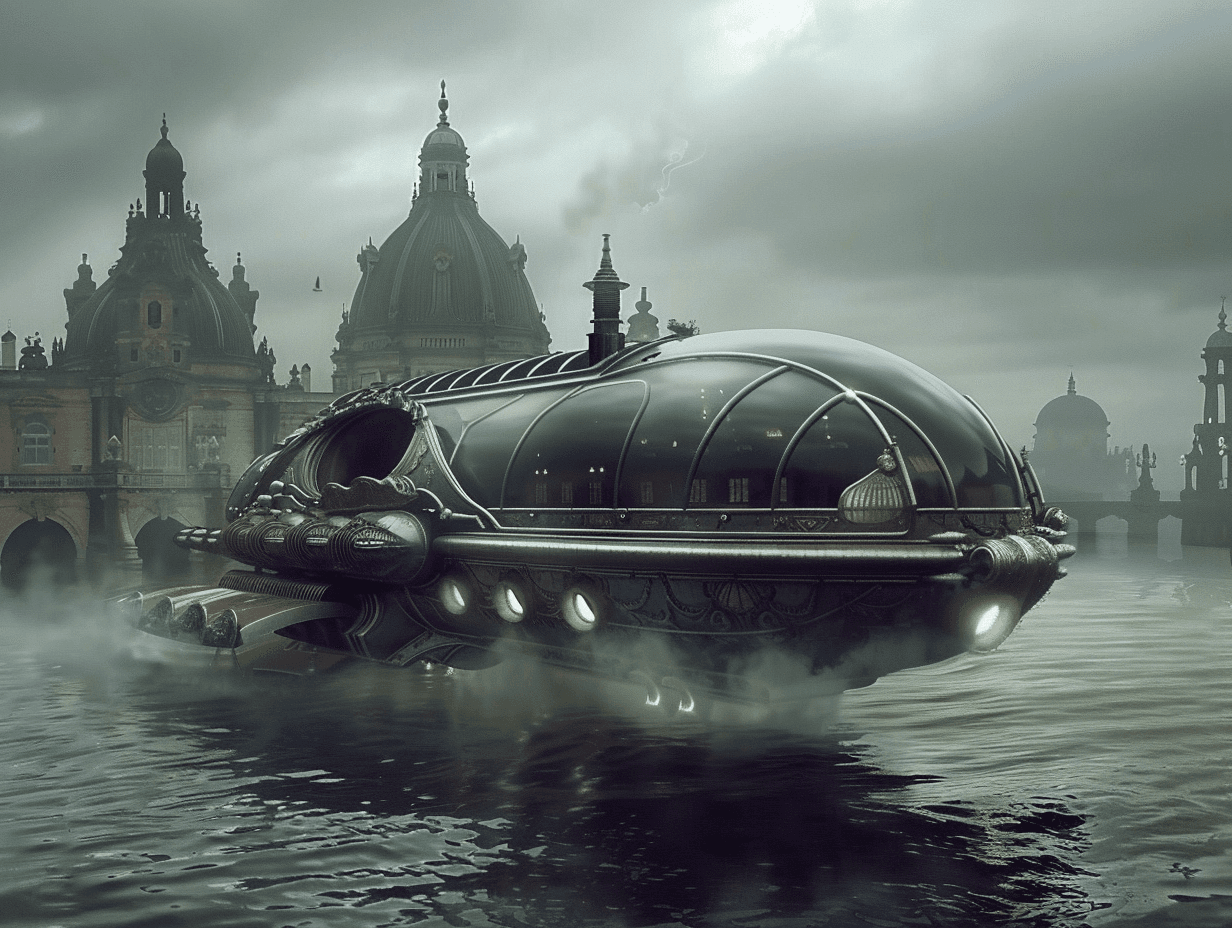 AI generated: spacecraft on surface of water, in the style of futuristic victorian, eerily realistic, rollerwave, ...