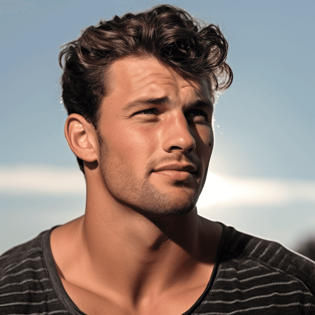 AI generated: Photo-realistic, volumetric lighting, early afternoon sun, tall and muscular young man, stubble, mil...