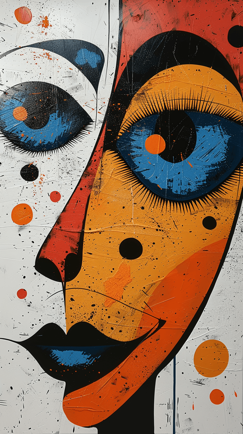 AI generated: A painting in the style of Joan Miro depicting an anthropomorphic cartoon figure with blue eyes, ora...
