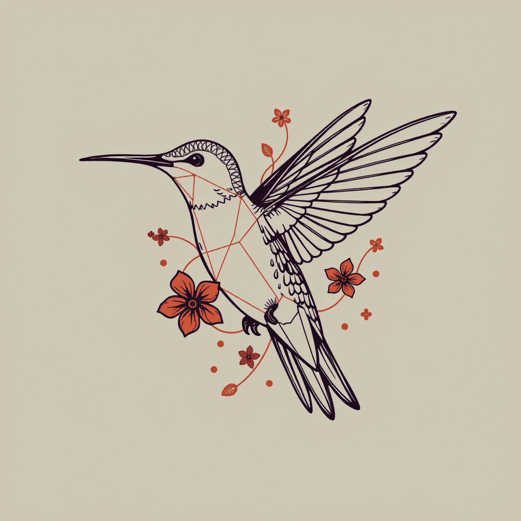 AI generated: Animal: Hummingbird, Style: Elegant Geometric Line Art with Floral Accents "T-shirt print: An elegan...