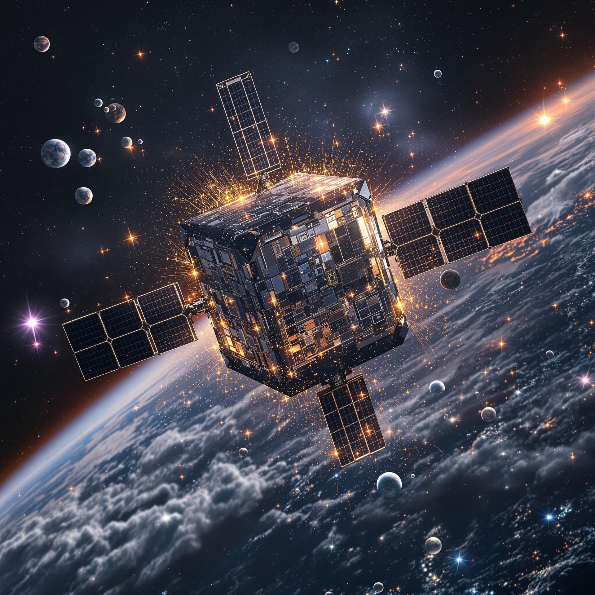 AI generated: Hyper realistic Shows a cube satellite in orbit up earth