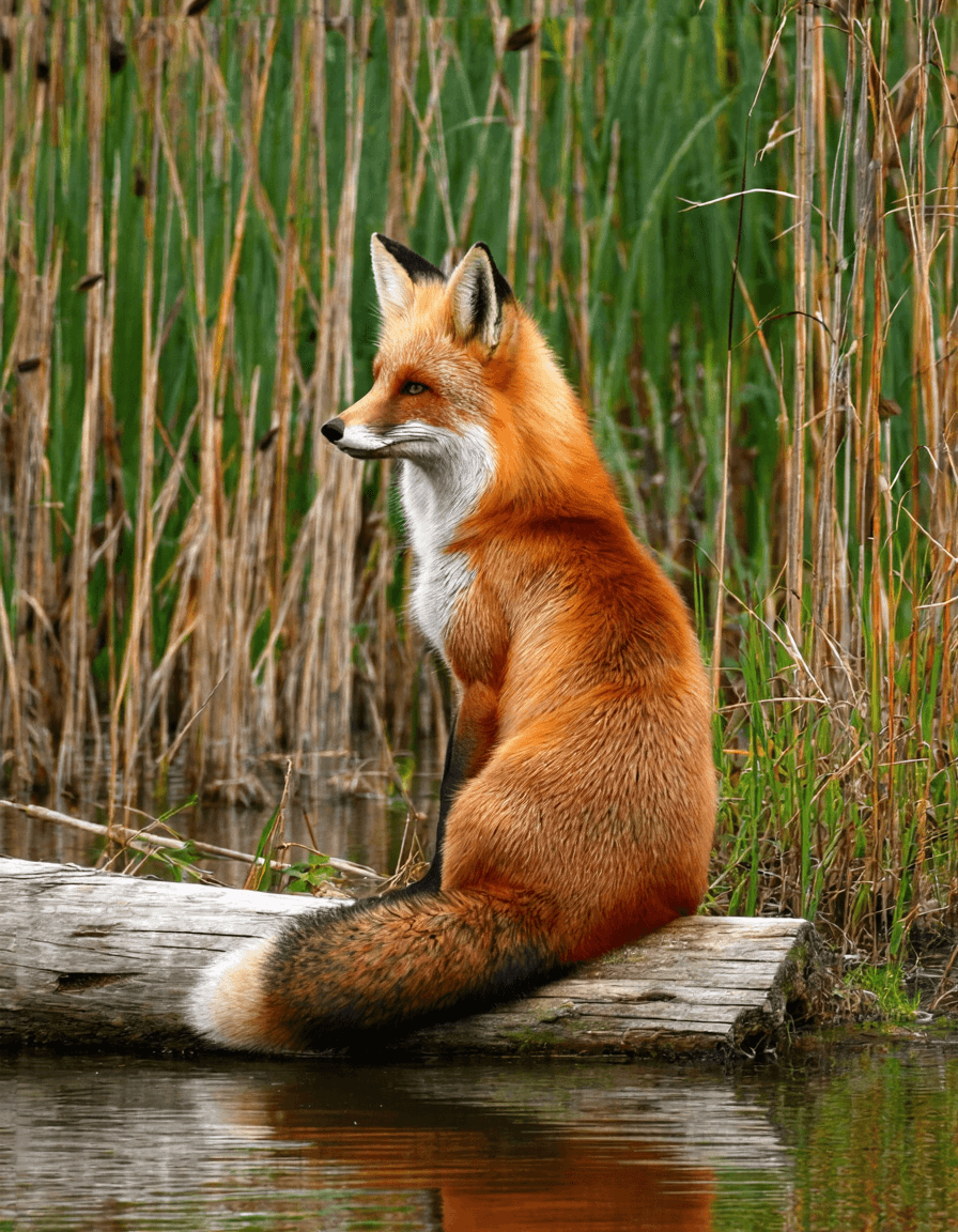 AI generated: The image depicts a red fox sitting on a log near the edge of a body of water, surrounded by tall gr...