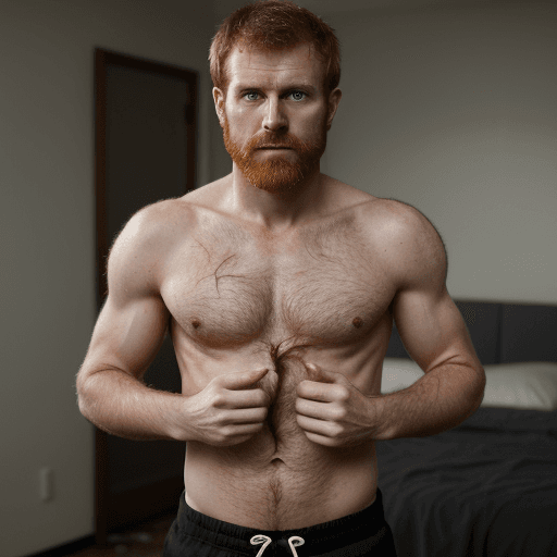 AI generated: solo 33 year old mature man, shirtless, muscular, hairy chest, shorts, stubble, facial hair, ginger ...