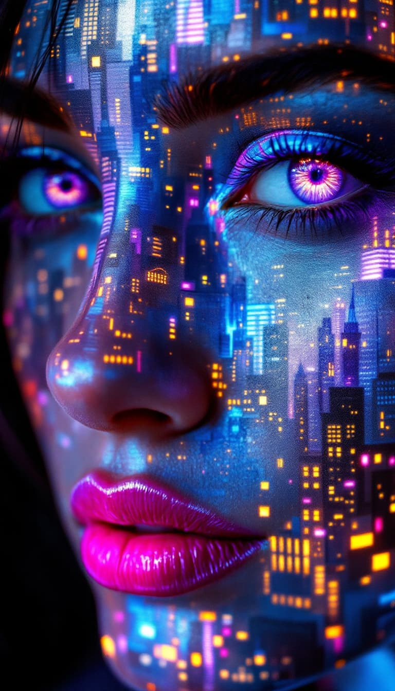 AI generated: A woman's face transformed into a vibrant, abstract cityscape, with her makeup resembling the intric...
