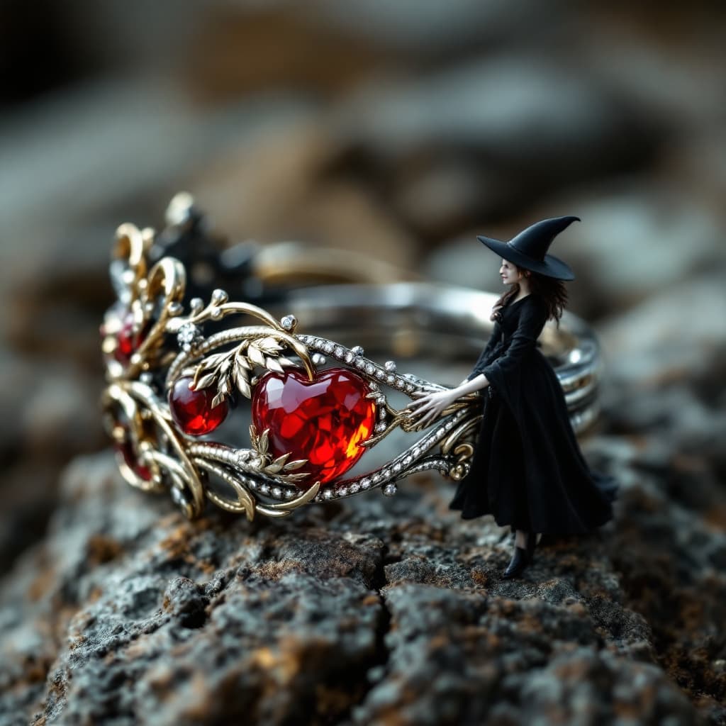 AI generated: High resolution photography ,A ring that turns into a bracelet, inspired by the story of Snow White ...