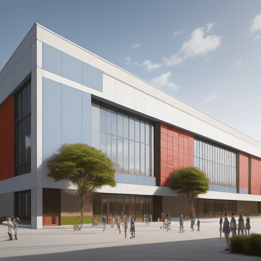 AI generated: Architectural exterior hyper realistic rendering of a school with creative decoration facade