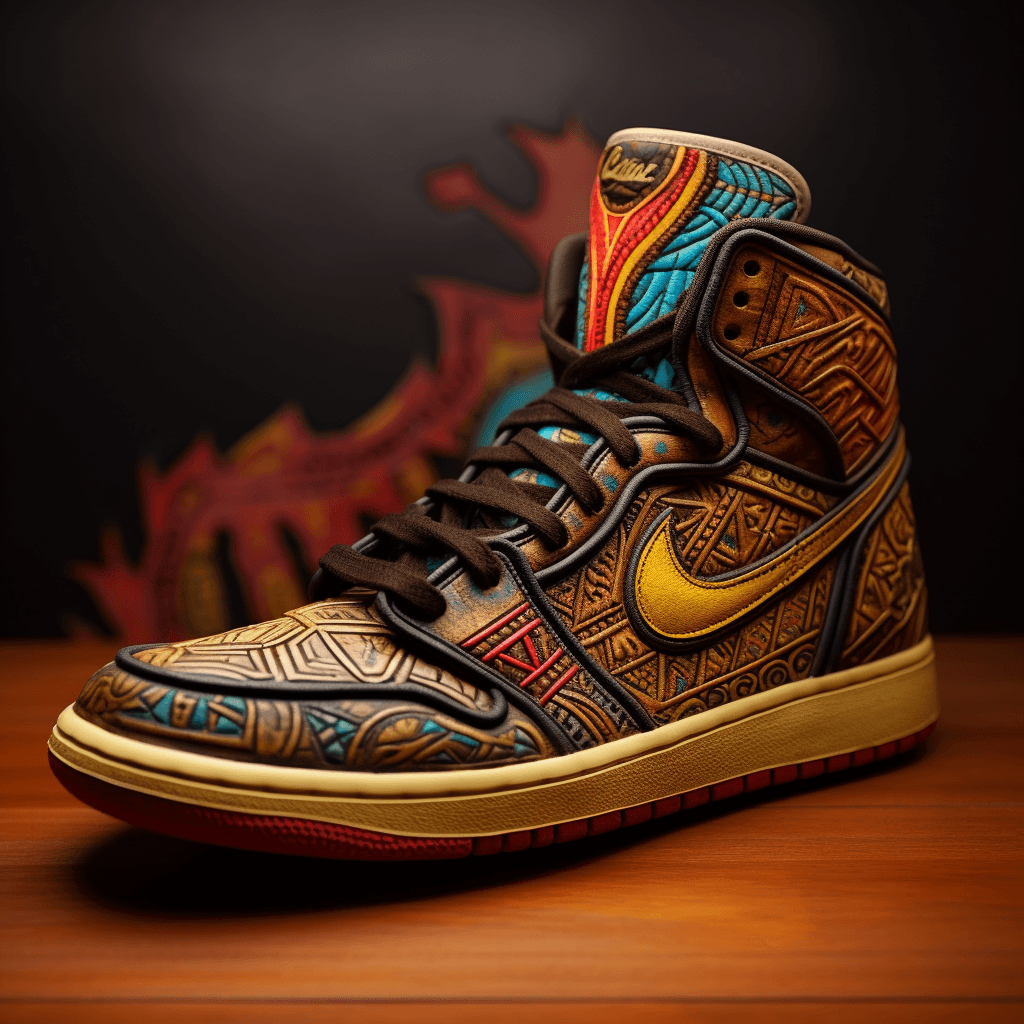 AI generated: 3d physical Nike Air Jordans inspired by Inca's ornament, intricate details, background is Inca's de...