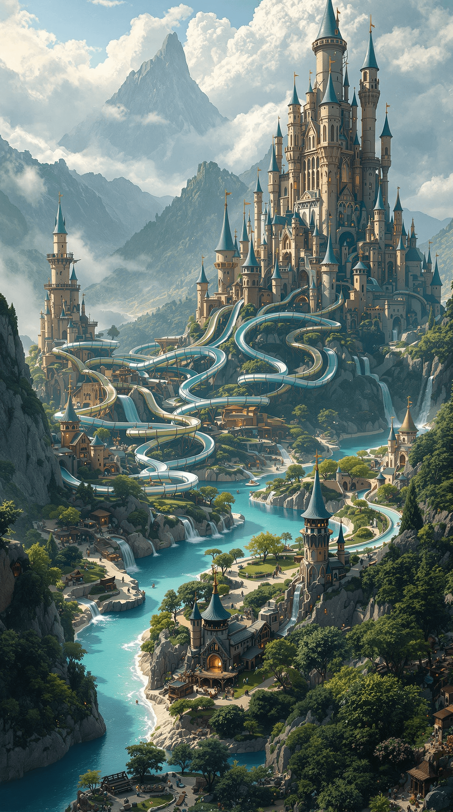 AI generated: An epic fantasy environment seamlessly blends with majestic castles, creating a breathtaking waterpa...