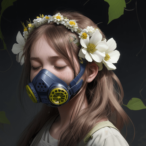 AI generated: 1 girl, respirator on face, flowers grow from girl's mouth, flowers wrap around hair, flower crown, ...